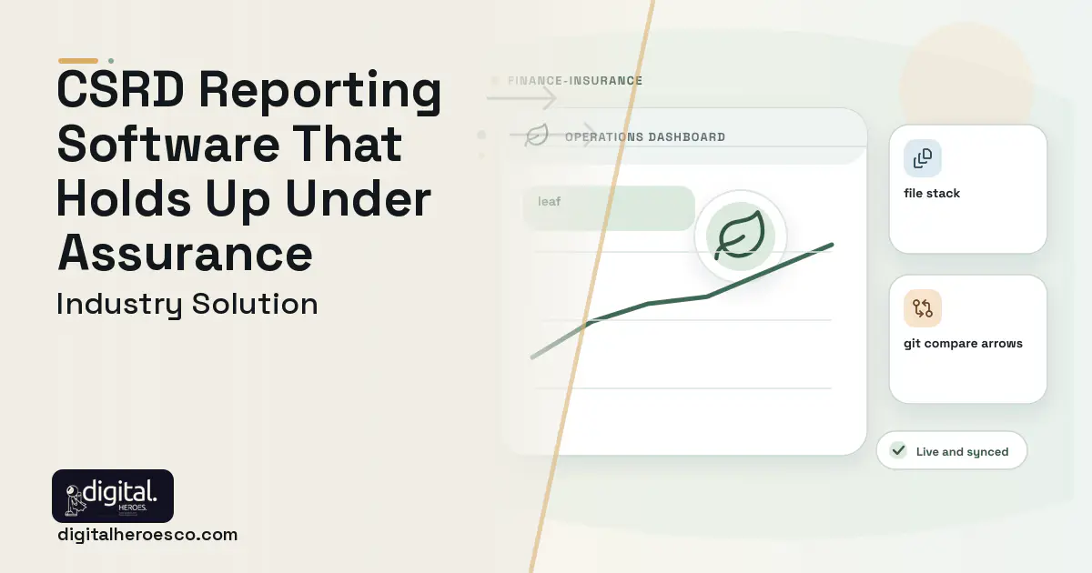 Esg Reporting software visual showing leaf, file stack, and git compare arrows.