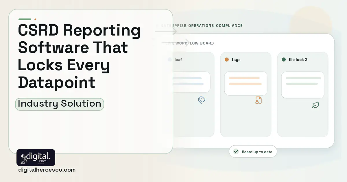 Csrd Sustainability Reporting software visual showing leaf, tags, and file lock 2.