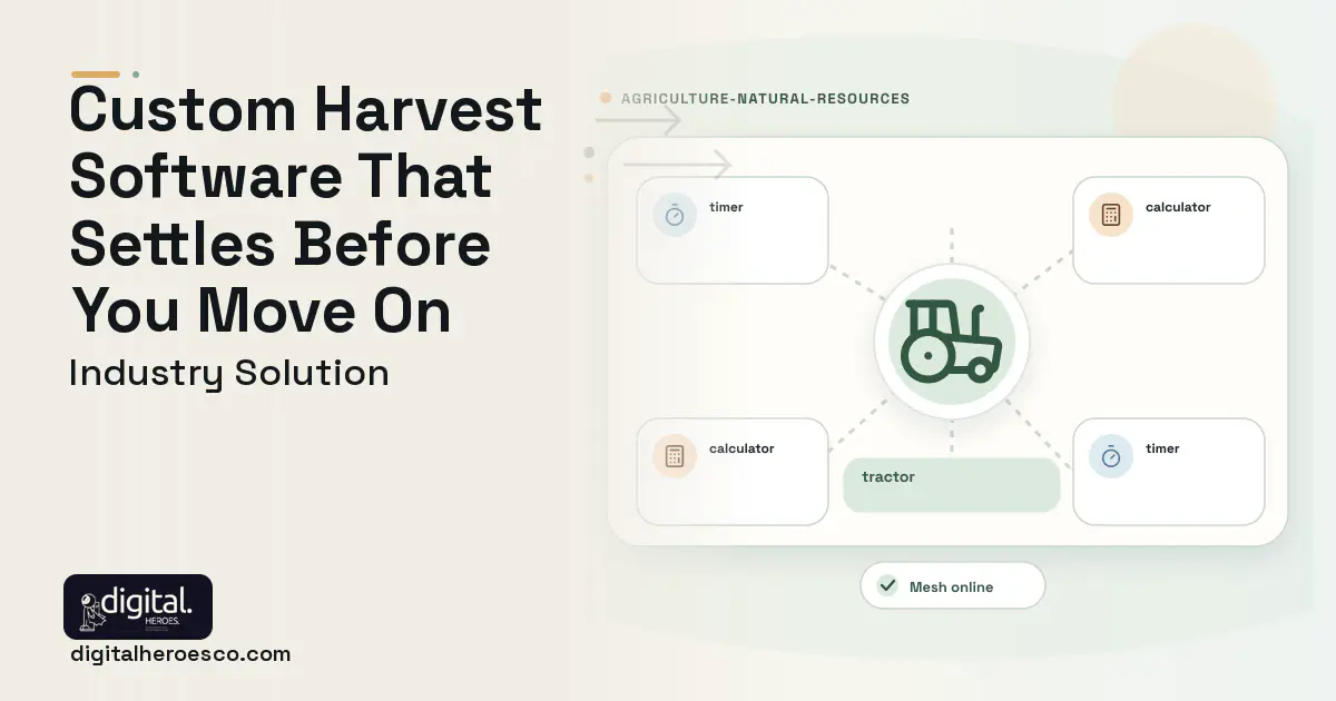 Custom Harvesting Operator software visual showing tractor, timer, and calculator.