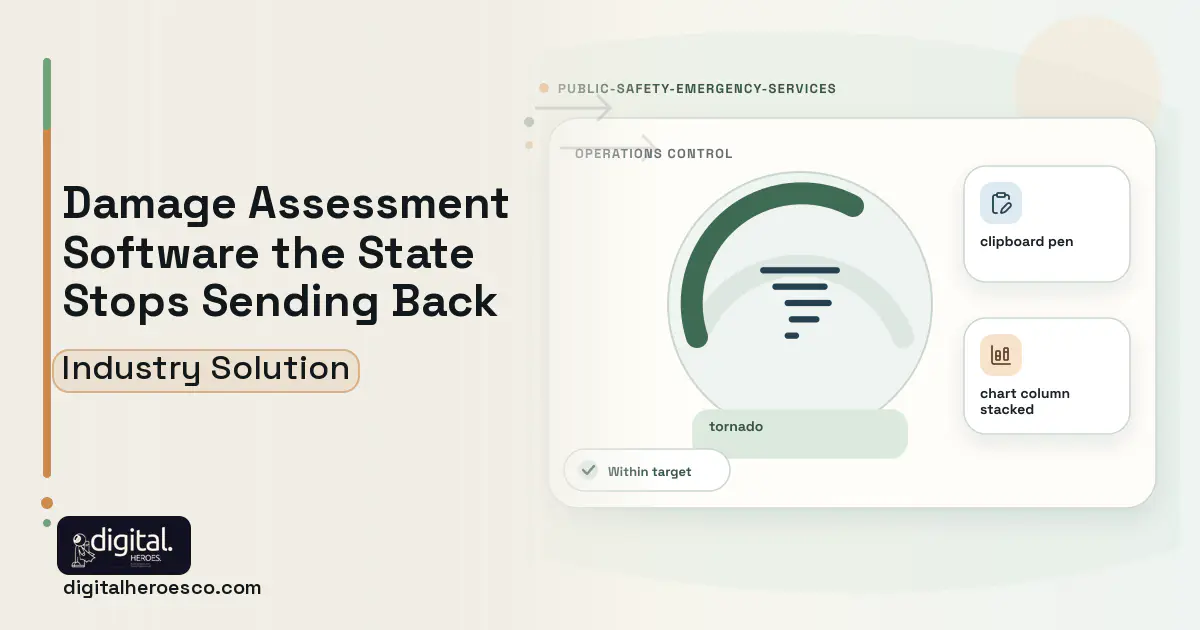 Disaster Damage Assessment software visual showing tornado, clipboard pen, and chart column stacked.