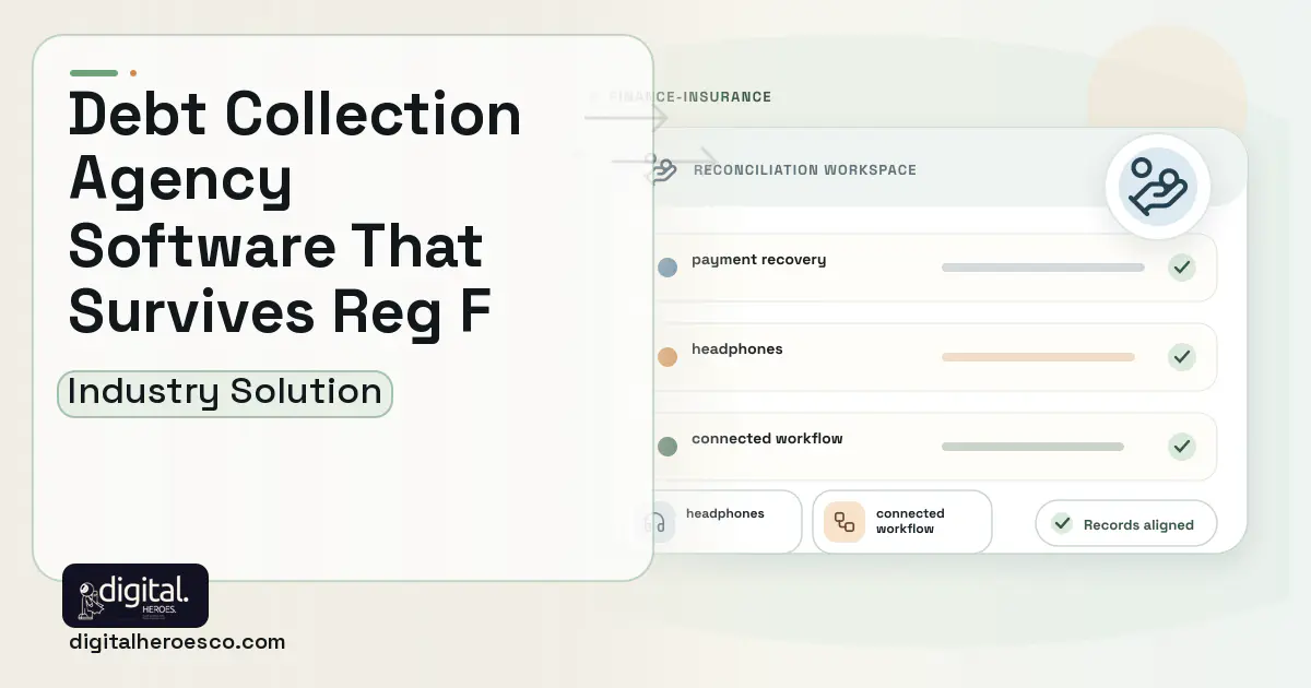 Debt Collection Agency software visual showing payment recovery, headphones, and connected workflow.
