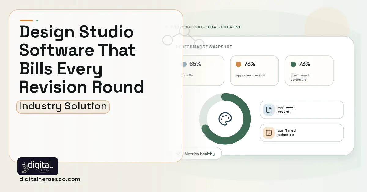Design Studio software visual showing palette, approved record, and confirmed schedule.