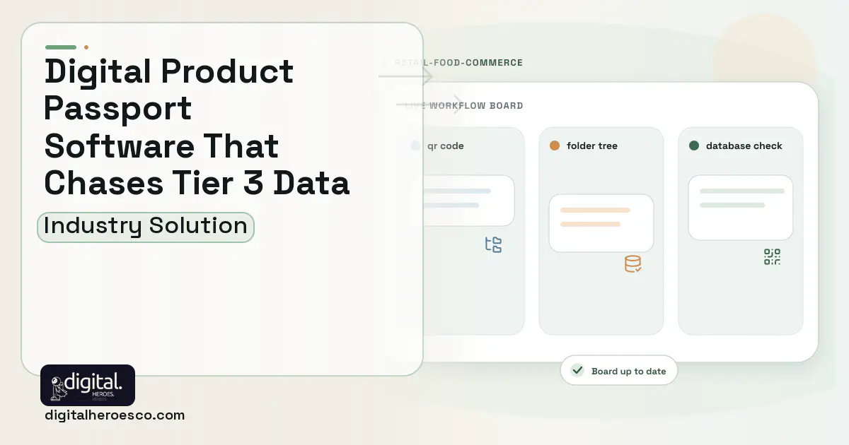Digital Product Passport software visual showing qr code, folder tree, and database check.