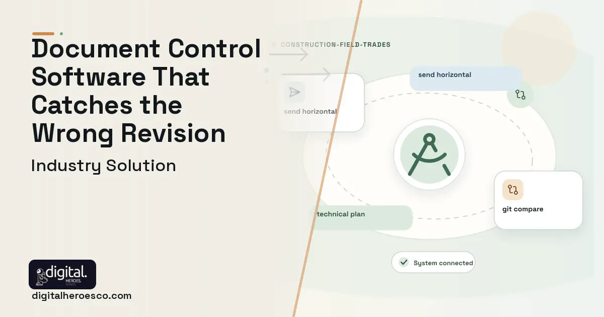Engineering Document Control software visual showing technical plan, send horizontal, and git compare.