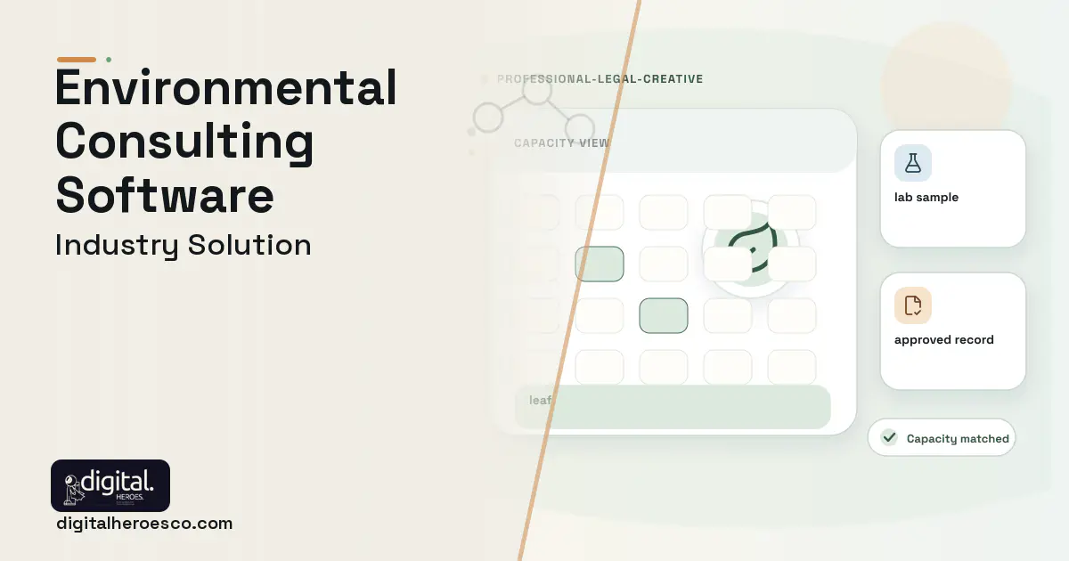Environmental Consulting software visual showing leaf, lab sample, and approved record.