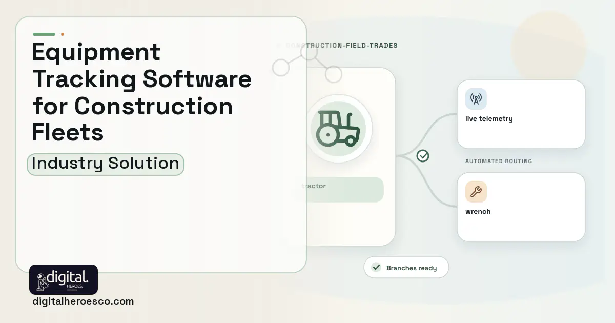Construction Equipment Tracking software visual showing tractor, live telemetry, and wrench.