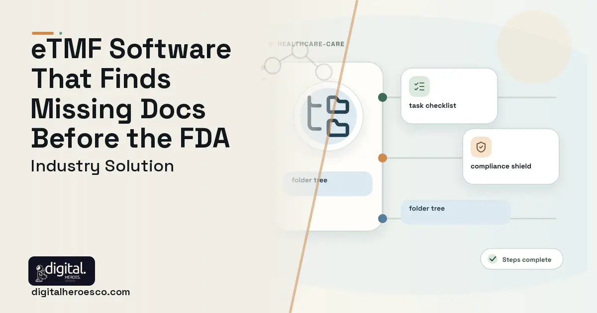 Etmf Management software visual showing folder tree, task checklist, and compliance shield.