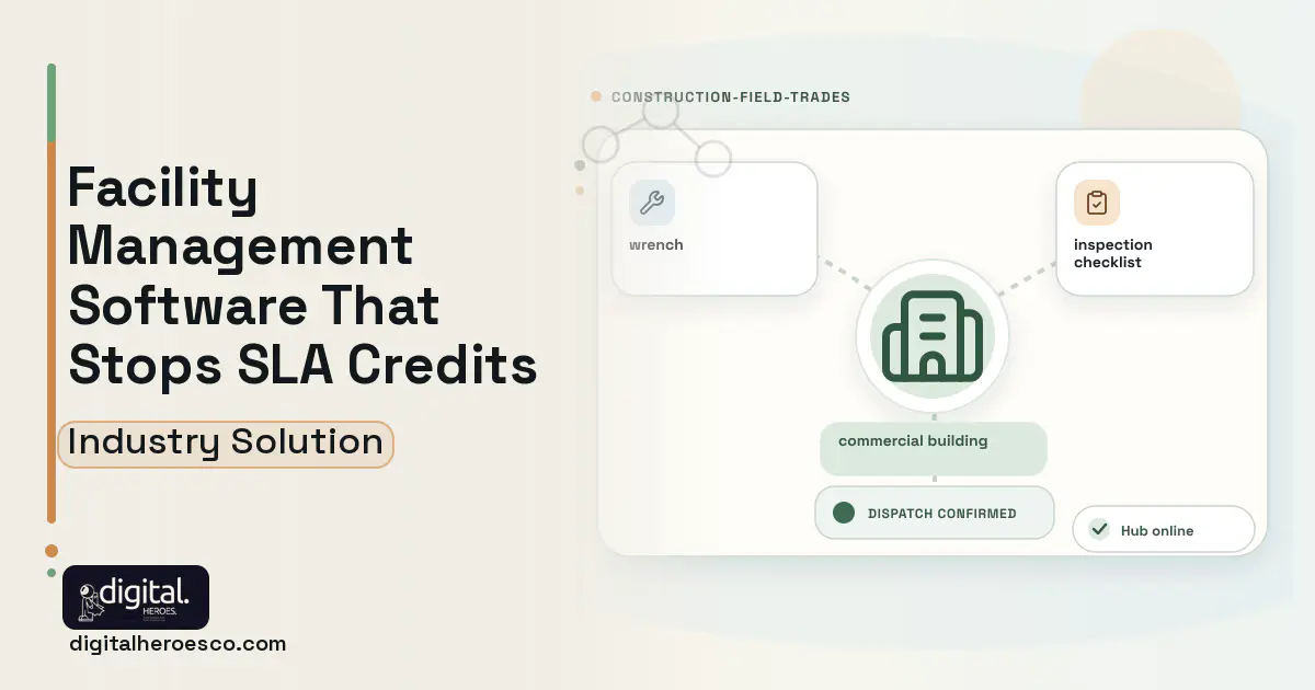 Facility Management software visual showing commercial building, wrench, and inspection checklist.