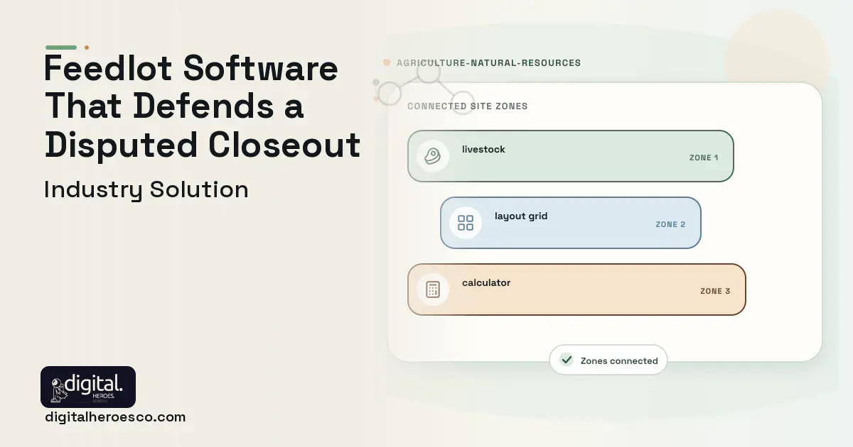 Cattle Feedlot Management software visual showing livestock, layout grid, and calculator.