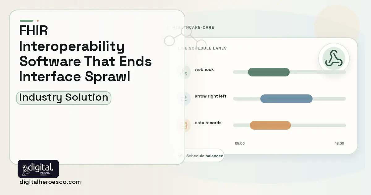 Healthcare Interoperability Platform software visual showing webhook, arrow right left, and data records.