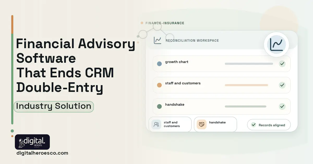 Financial Advisory software visual showing growth chart, staff and customers, and handshake.