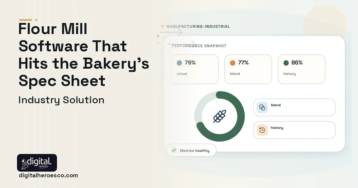Flour Mill Management software visual showing wheat, blend, and history.