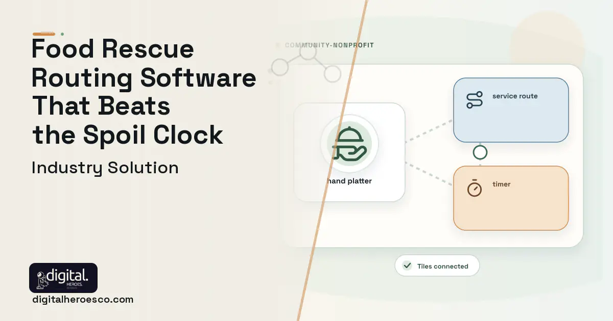 Food Rescue Logistics Platform software visual showing hand platter, service route, and timer.