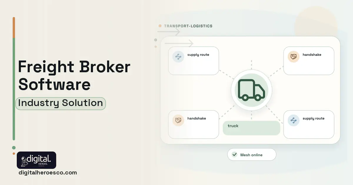 Freight Broker software visual showing truck, supply route, and handshake.
