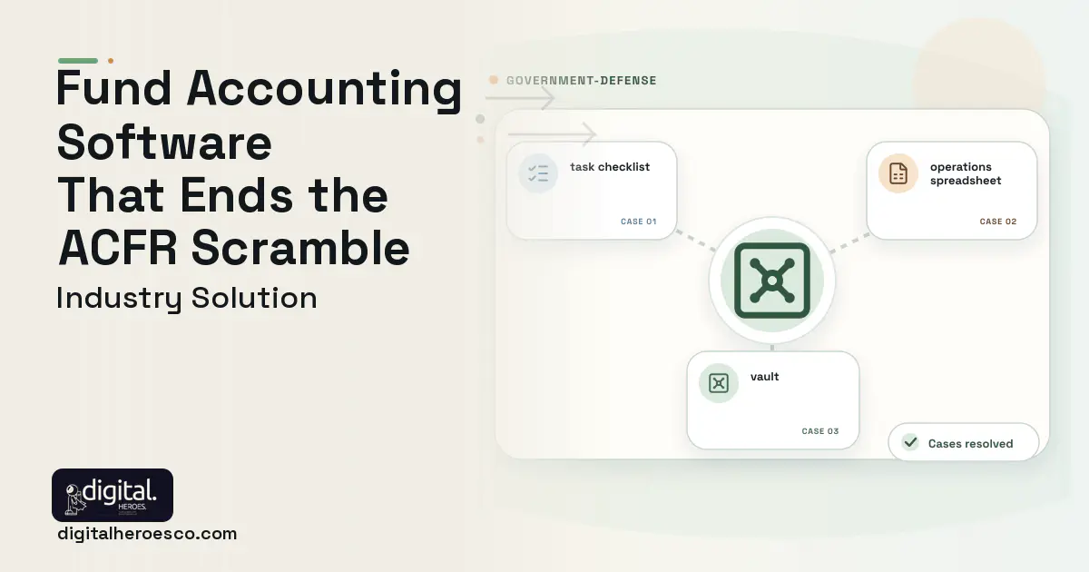 Government Fund Accounting software visual showing vault, task checklist, and operations spreadsheet.