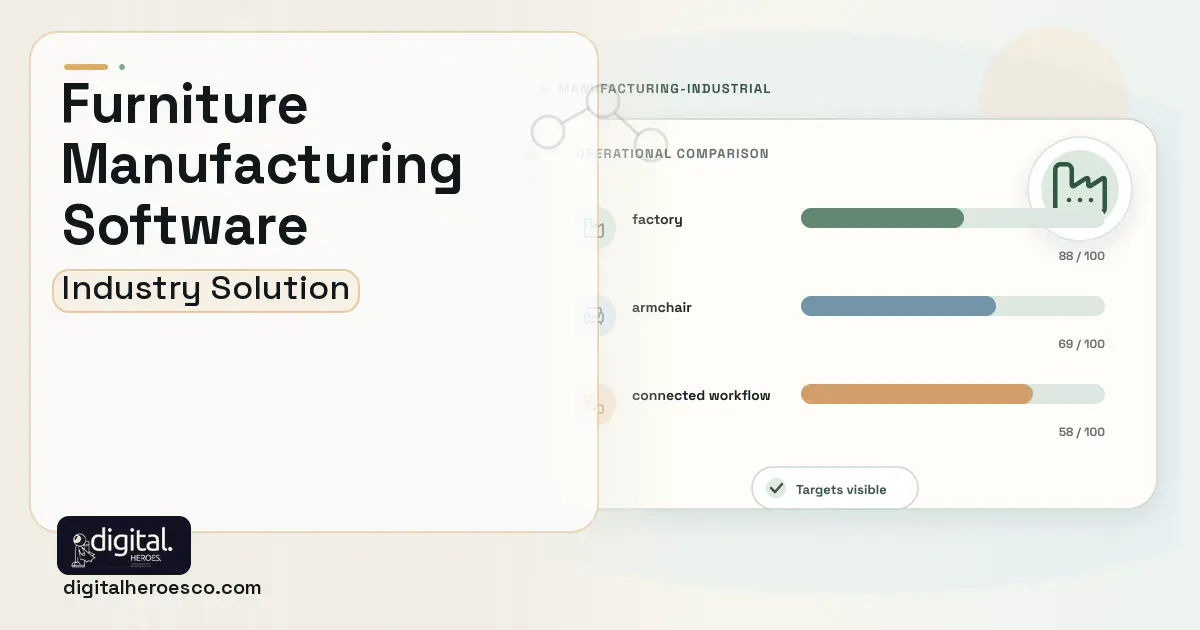 Furniture Manufacturing software visual showing factory, armchair, and connected workflow.