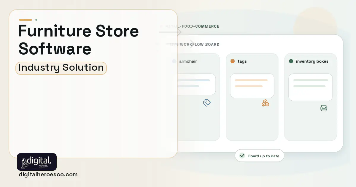 Furniture Store software visual showing armchair, tags, and inventory boxes.