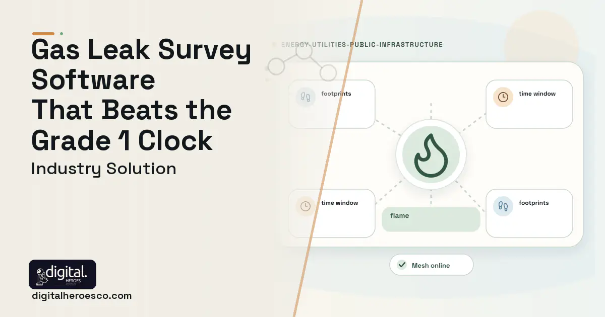 Gas Leak Survey software visual showing flame, footprints, and time window.