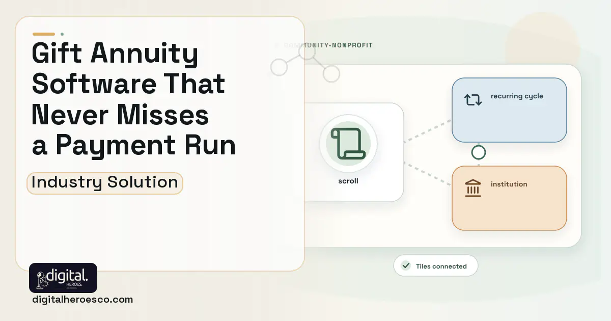 Planned Giving Administration software visual showing scroll, recurring cycle, and institution.