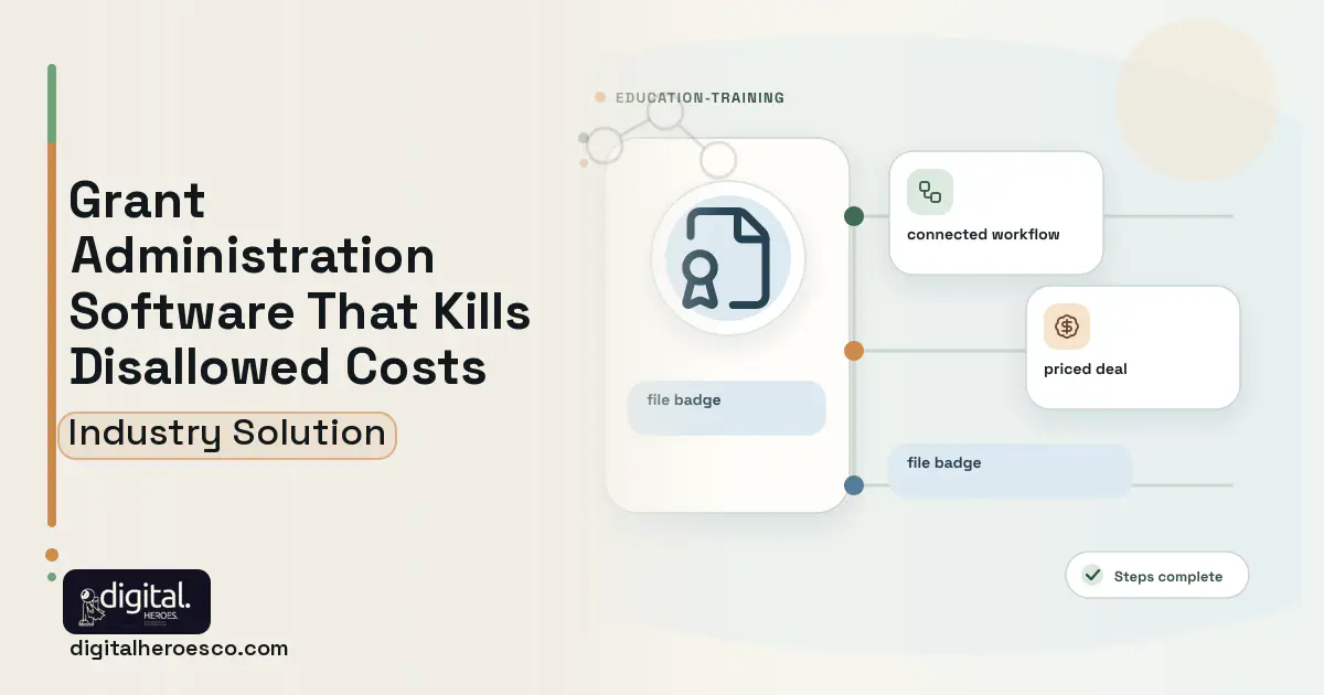 Research Grant Administration software visual showing file badge, connected workflow, and priced deal.