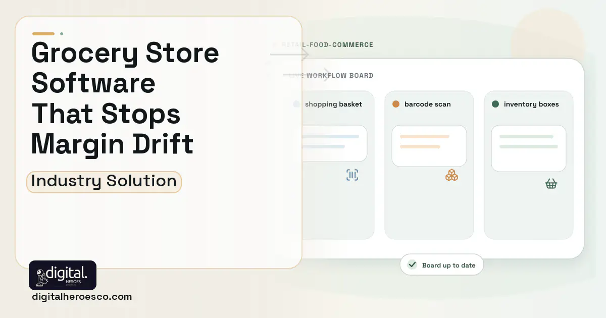 Grocery Store software visual showing shopping basket, barcode scan, and inventory boxes.