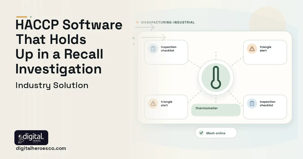 Haccp Food Safety software visual showing thermometer, inspection checklist, and triangle alert.