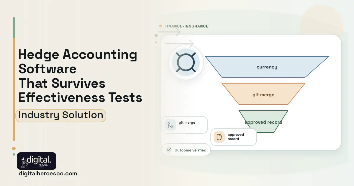 Hedge Accounting Fx Exposure software visual showing currency, git merge, and approved record.