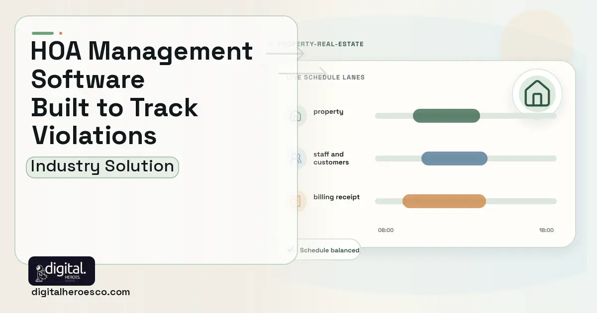 HOA Management software visual showing property, staff and customers, and billing receipt.