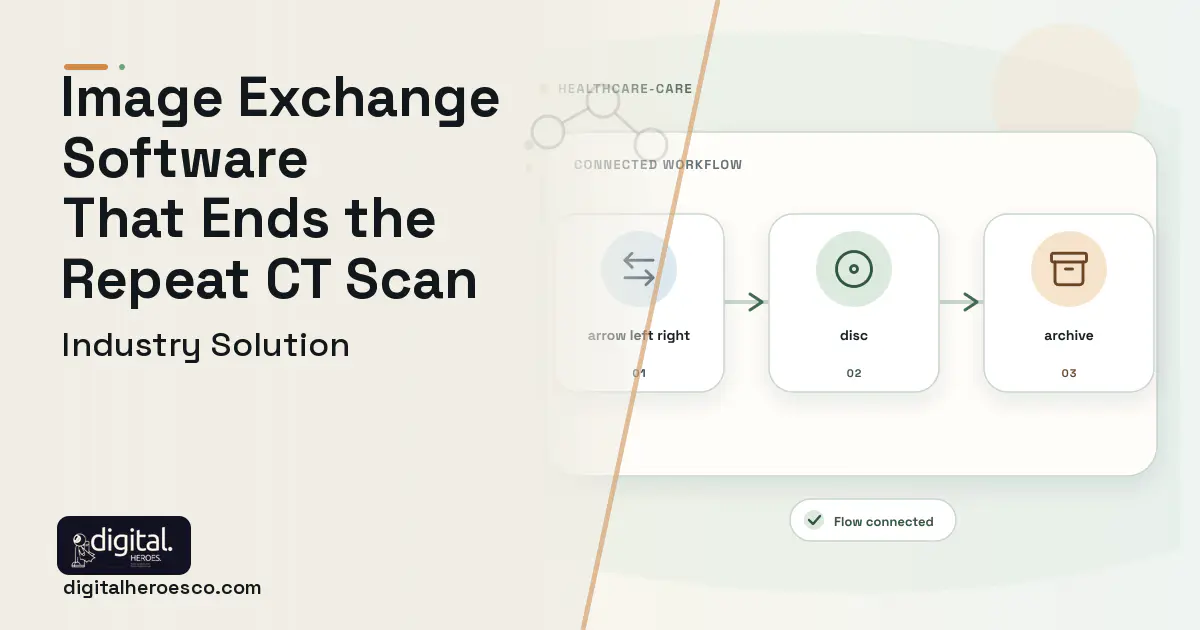 Medical Image Exchange Platform software visual showing disc, arrow left right, and archive.