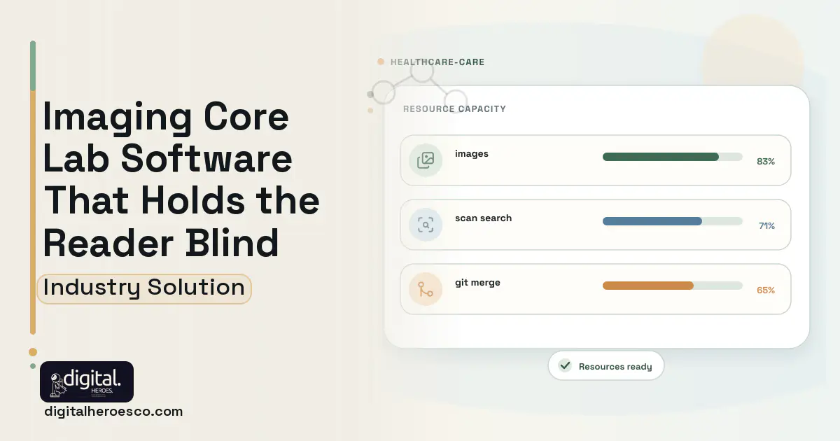 Clinical Trial Imaging Core Lab software visual showing images, scan search, and git merge.