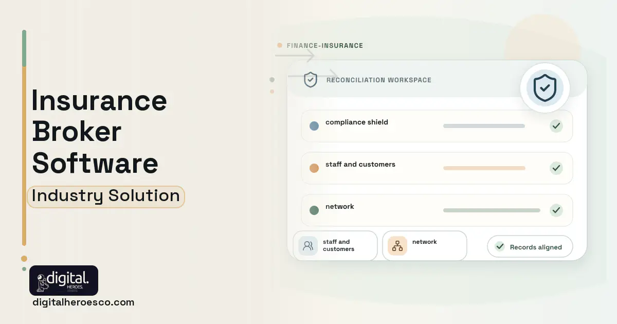 Insurance Broker software visual showing compliance shield, staff and customers, and network.