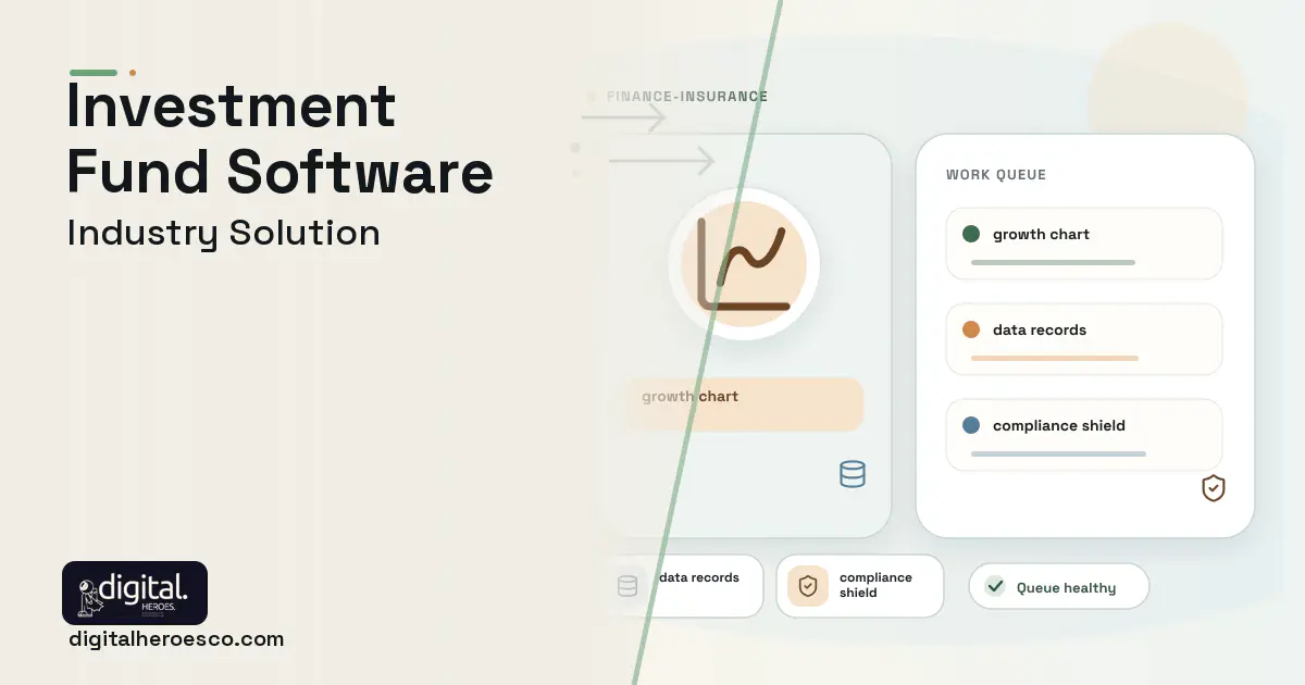 Investment Fund software visual showing growth chart, data records, and compliance shield.