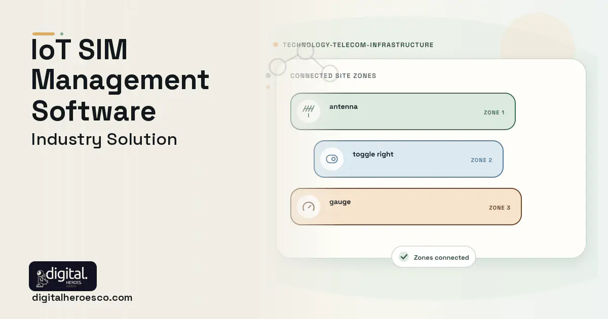 IoT Connectivity Management Platform software visual showing antenna, toggle right, and gauge.