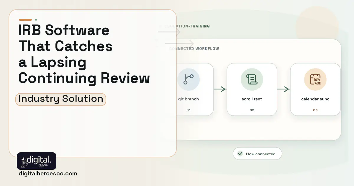 Irb and Research Compliance software visual showing scroll text, git branch, and calendar sync.