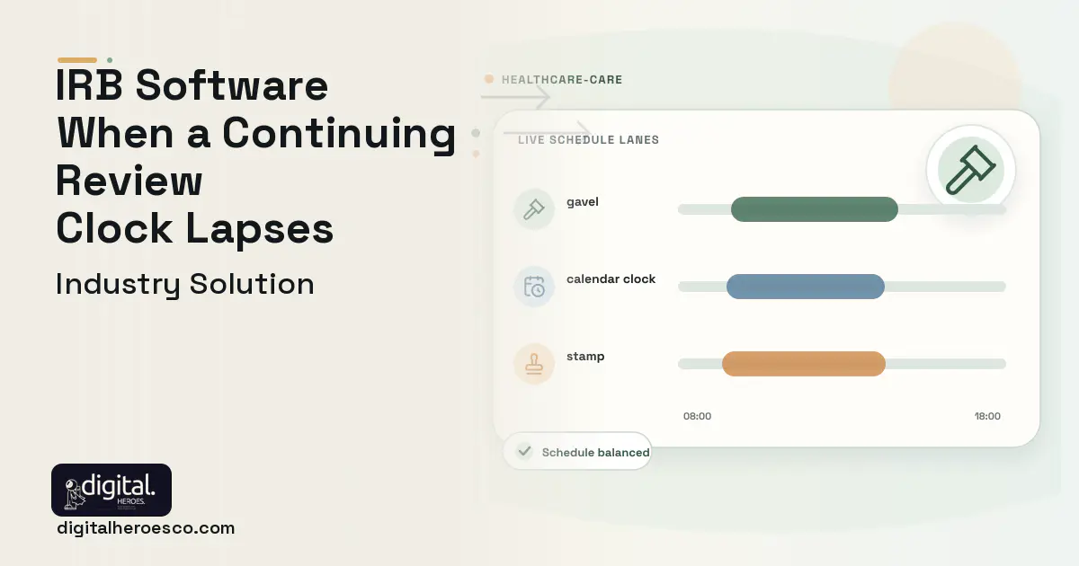 Irb Ethics Review Management software visual showing gavel, calendar clock, and stamp.