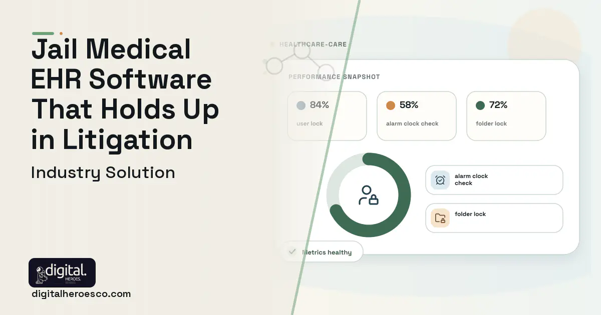 Correctional Health Records software visual showing user lock, alarm clock check, and folder lock.