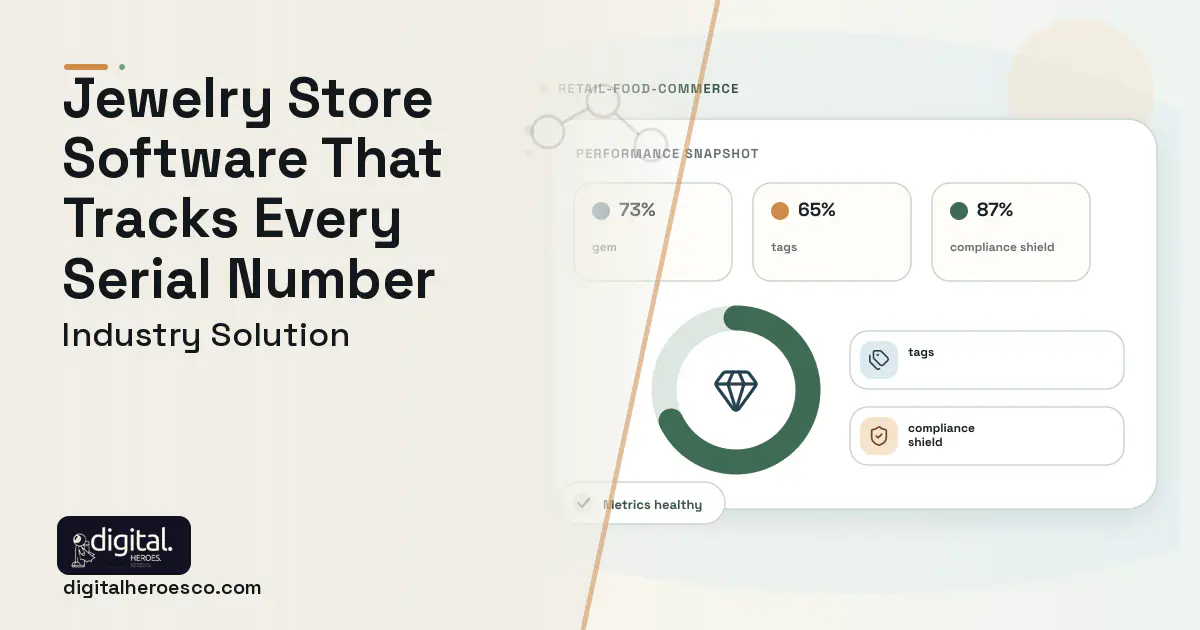 Jewelry Store software visual showing gem, tags, and compliance shield.