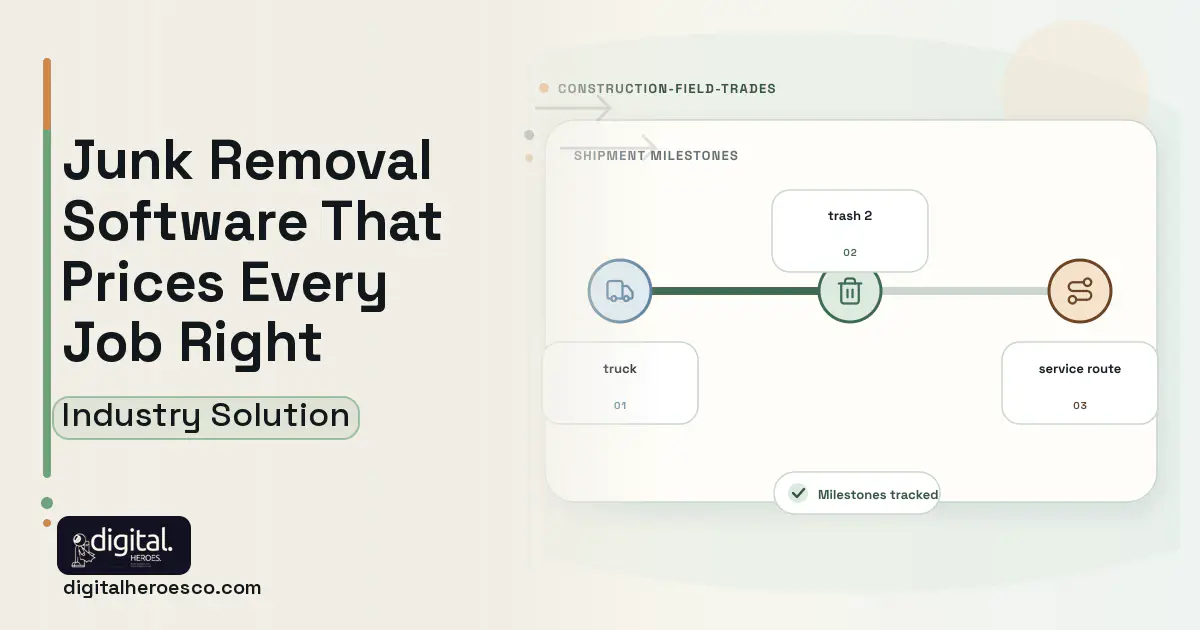 Junk Removal software visual showing trash 2, truck, and service route.
