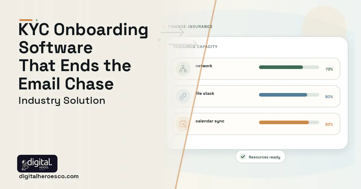 Kyc Onboarding Platform software visual showing network, file stack, and calendar sync.