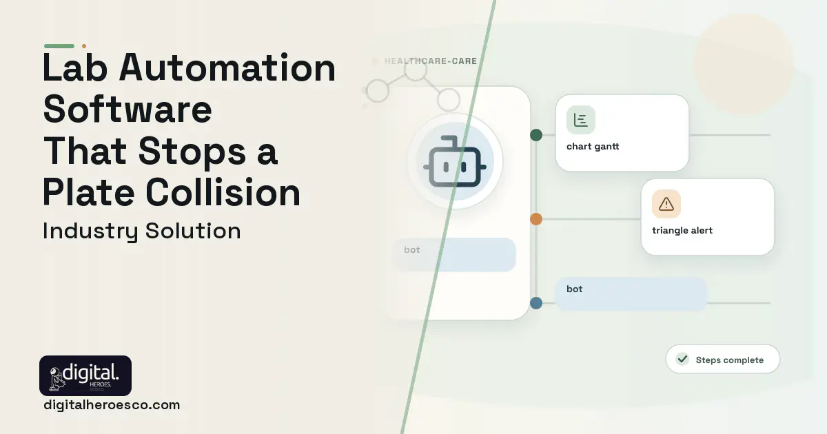 Lab Automation Scheduling software visual showing bot, chart gantt, and triangle alert.