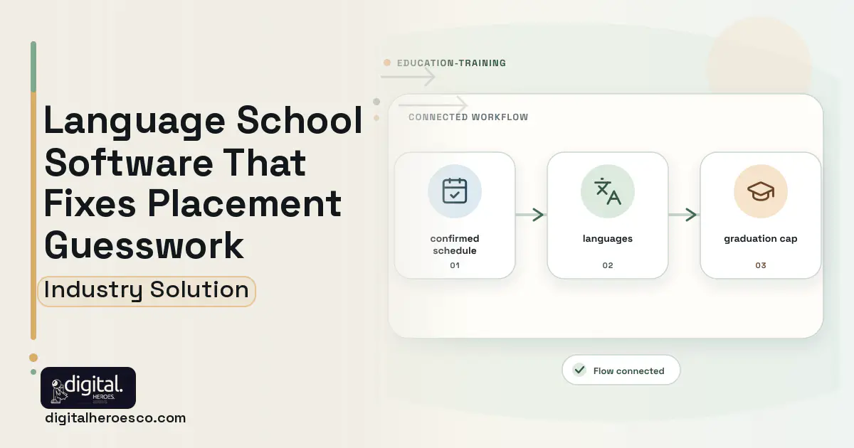 Language School software visual showing languages, confirmed schedule, and graduation cap.
