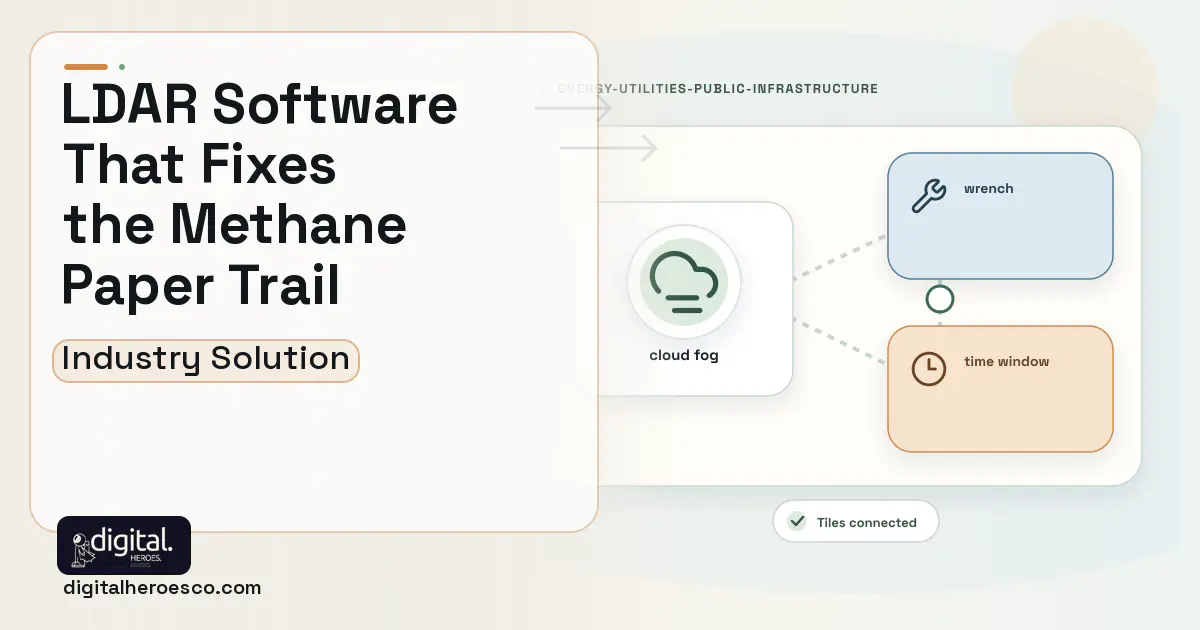 Methane LDAR Emissions software visual showing cloud fog, wrench, and time window.