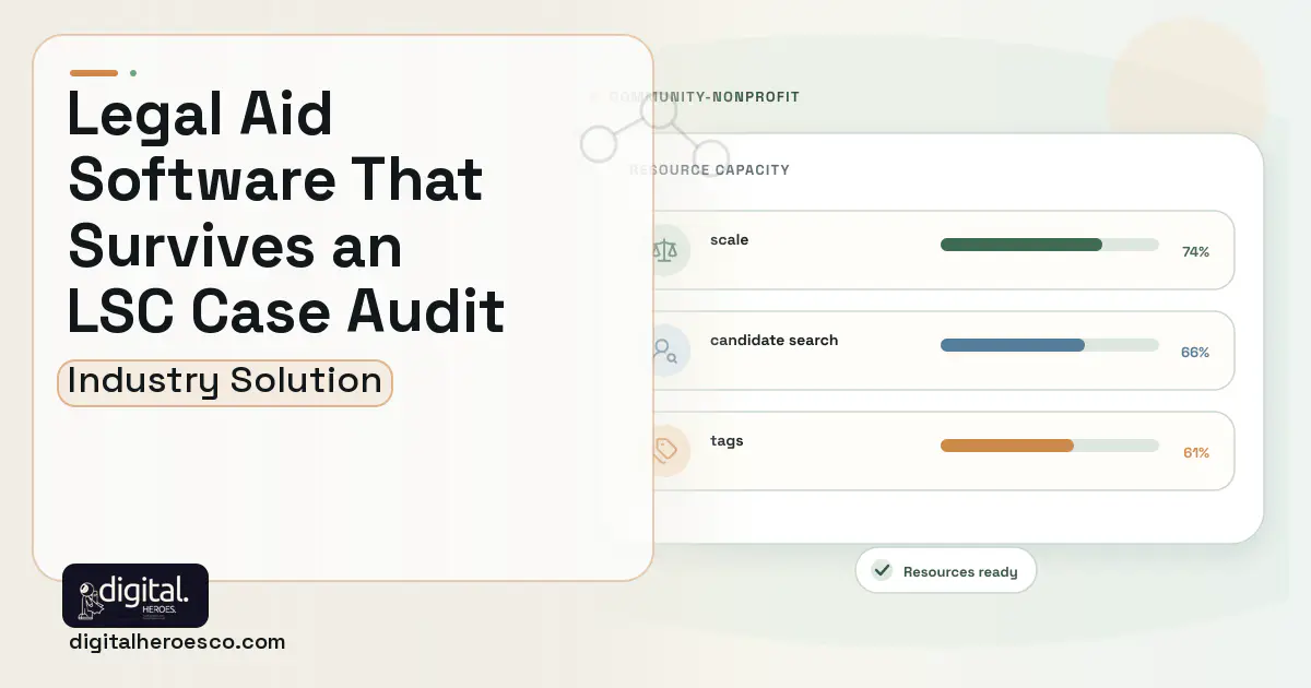 Legal Aid Case Management software visual showing scale, candidate search, and tags.