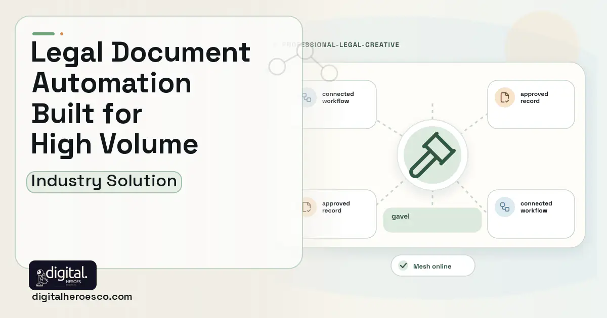 Legal Document Automation software visual showing gavel, connected workflow, and approved record.