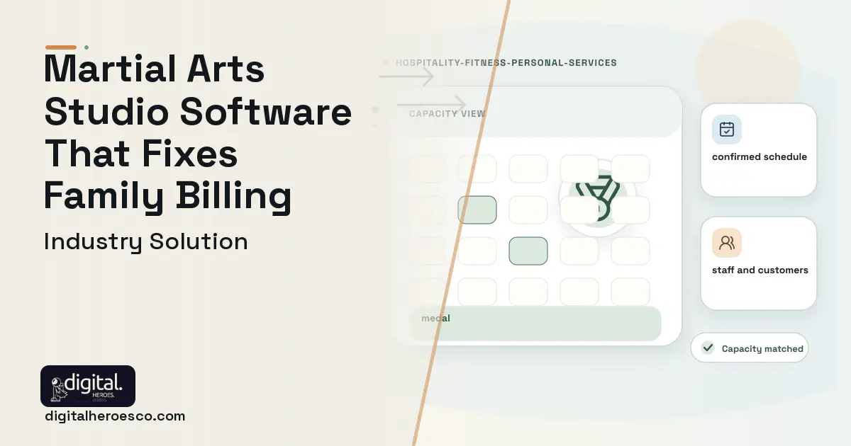 Martial Arts Studio software visual showing medal, confirmed schedule, and staff and customers.