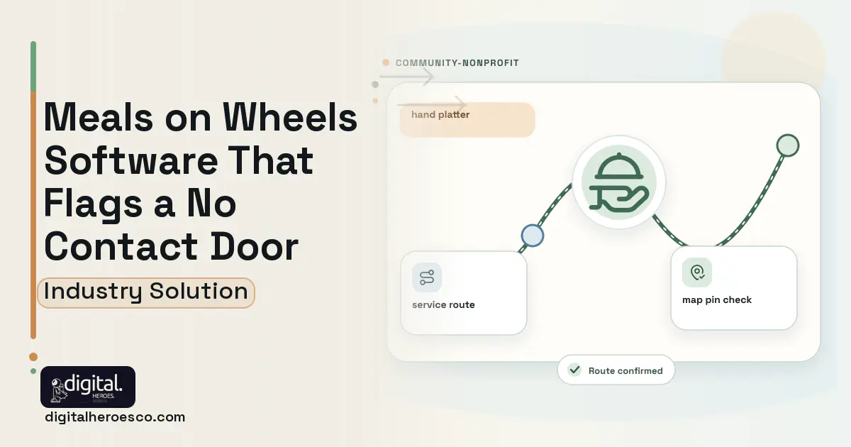 Meals On Wheels Delivery software visual showing hand platter, service route, and map pin check.