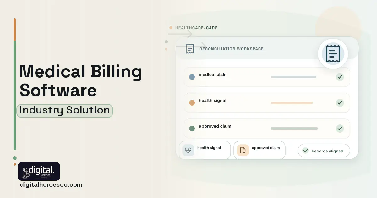 Medical Billing software visual showing medical claim, health signal, and approved claim.