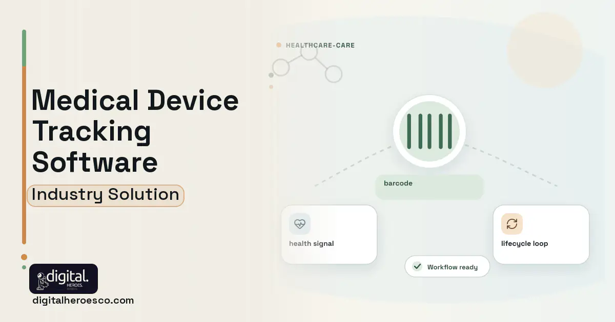 Medical Device Tracking software visual showing barcode, health signal, and lifecycle loop.