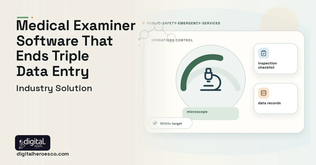 Medical Examiner Case Management software visual showing microscope, inspection checklist, and data records.