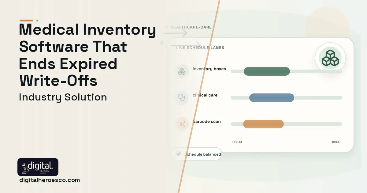 Medical Inventory Management software visual showing inventory boxes, clinical care, and barcode scan.
